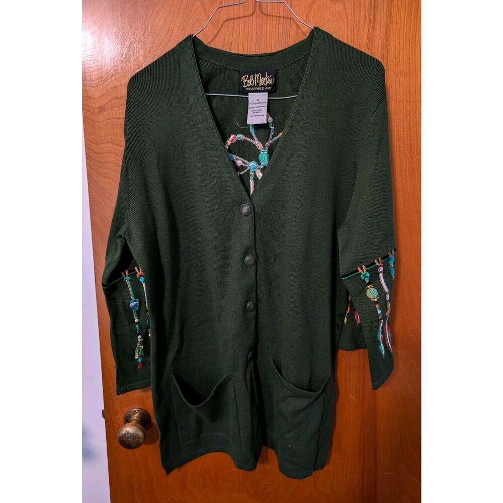 Vintage Women's Bob Mackie Wearable Art LS Green Cardigan Sweater Size Med Boho